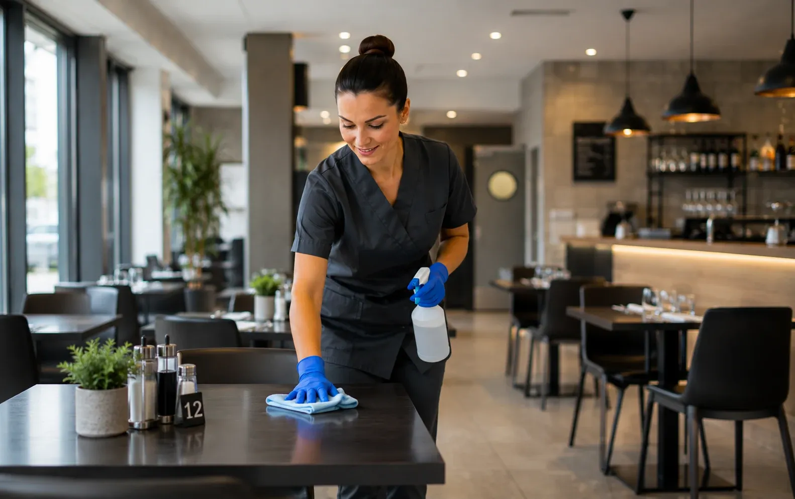 Gastronomiereinigung: Reinigungskraft reinigt Tische in einem Restaurant