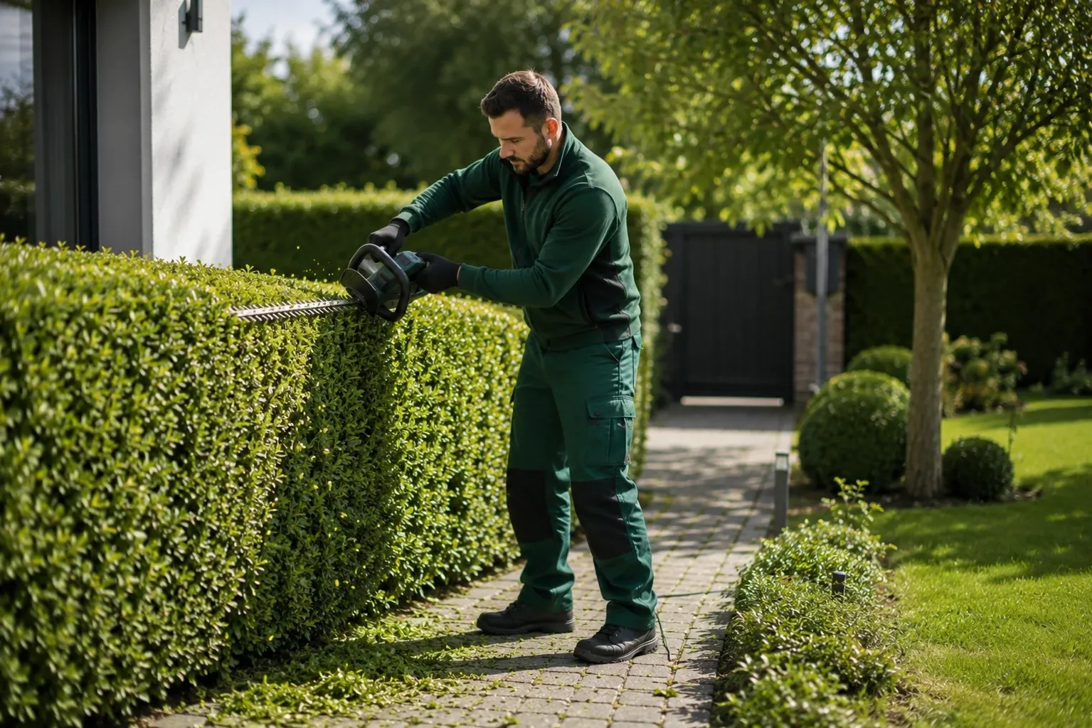 Heckenschnitt: Gärtner schneidet eine Hecke mit der Heckenschere in Form