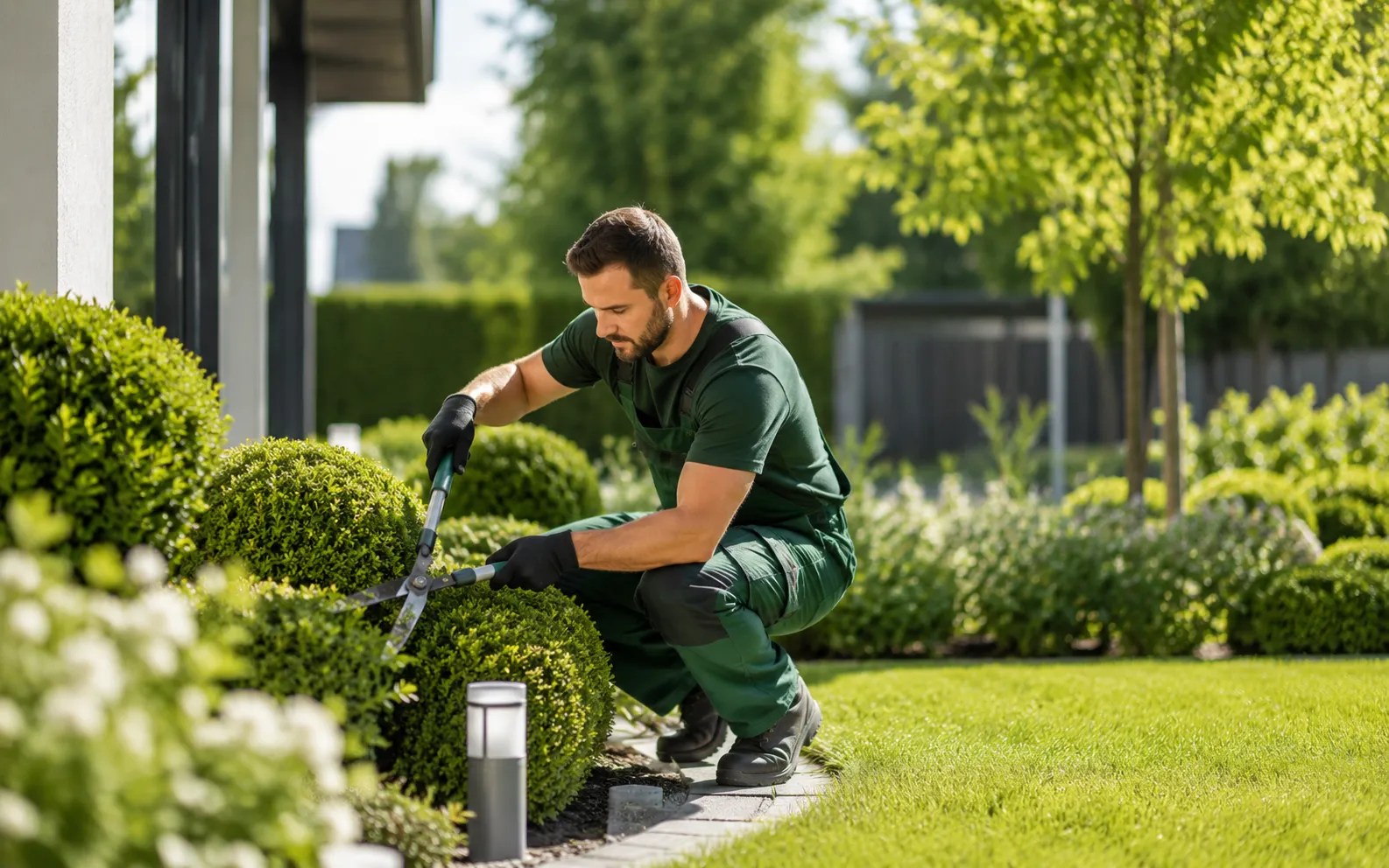 Gärtner in Arbeitskleidung schneidet Buchskugeln in einem gepflegten Garten mit sattgrünem Rasen