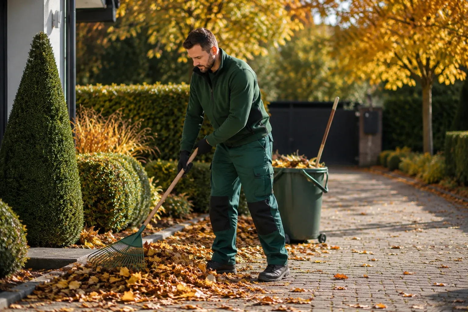Laub- und Saisondienst: Gärtner rechet Herbstlaub auf einer Einfahrt zusammen